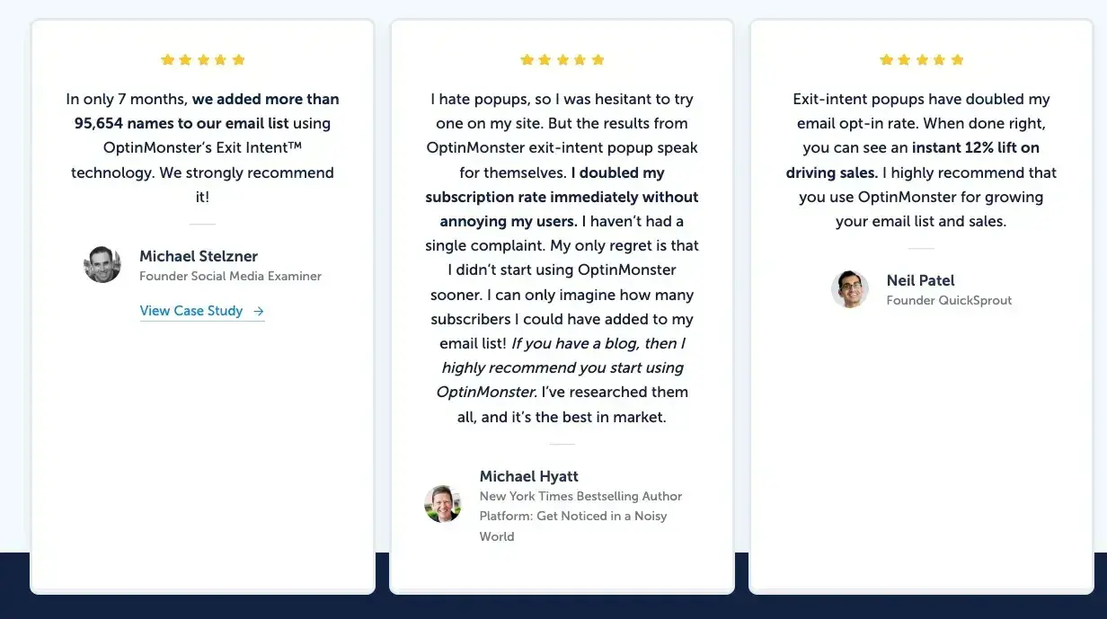 optinmonster’s case study, testimonial page examples