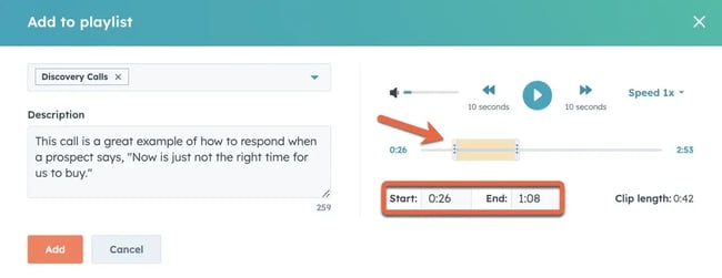 sales coaching alert examples: a coaching playlist in hubspot with a library of recorded sales calls to use as training material.
