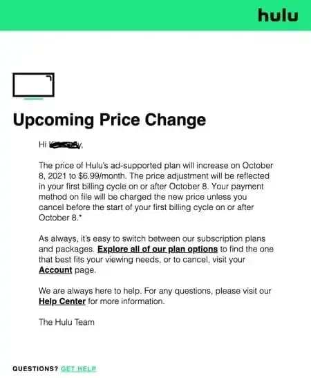 hulu price increase letter example