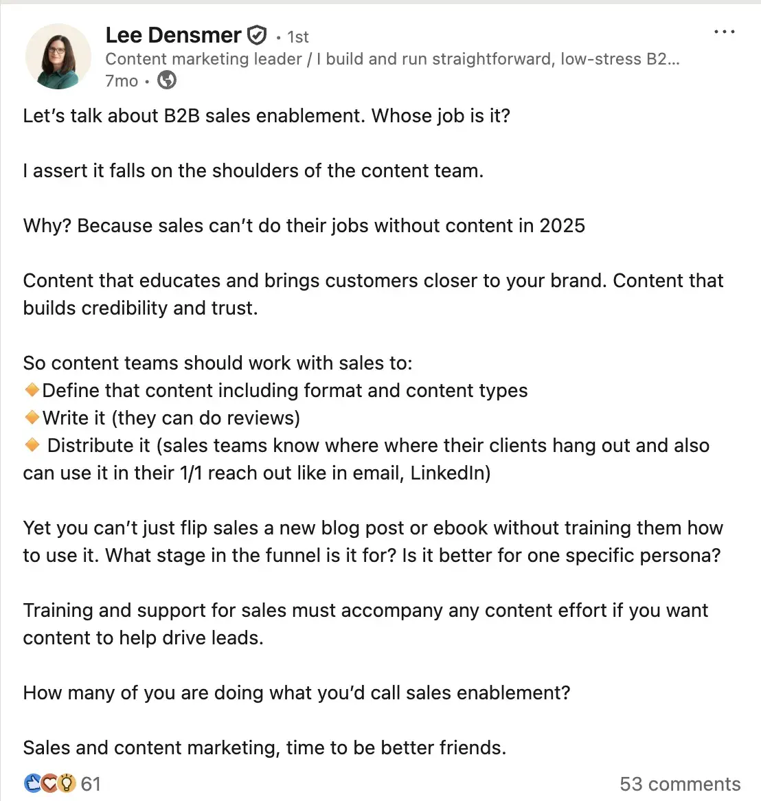 linkedin post from lee densmer explaining the role of content in sales enablement