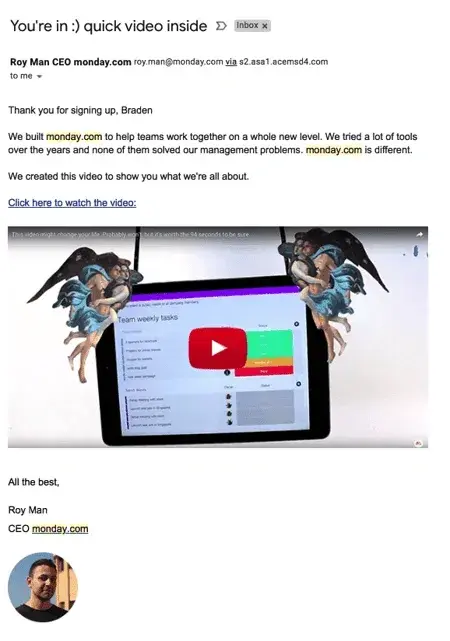 welcome email example from monday.com